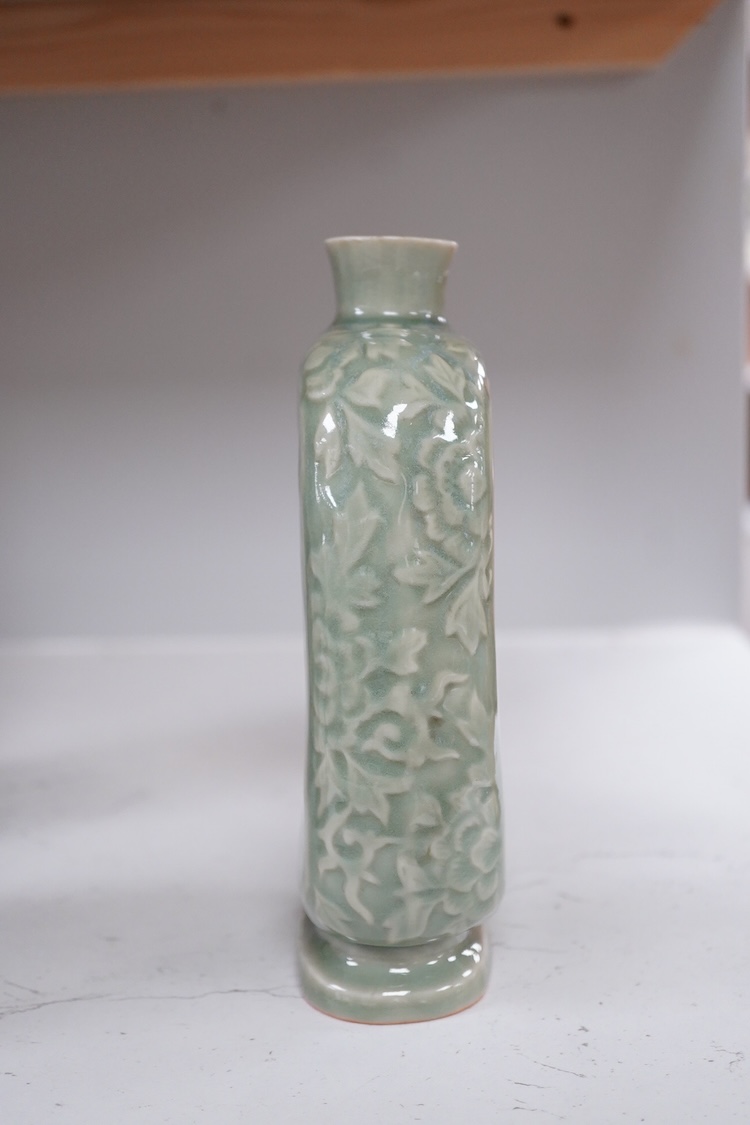 A Japanese celadon glazed flask, 19.5 cm high.